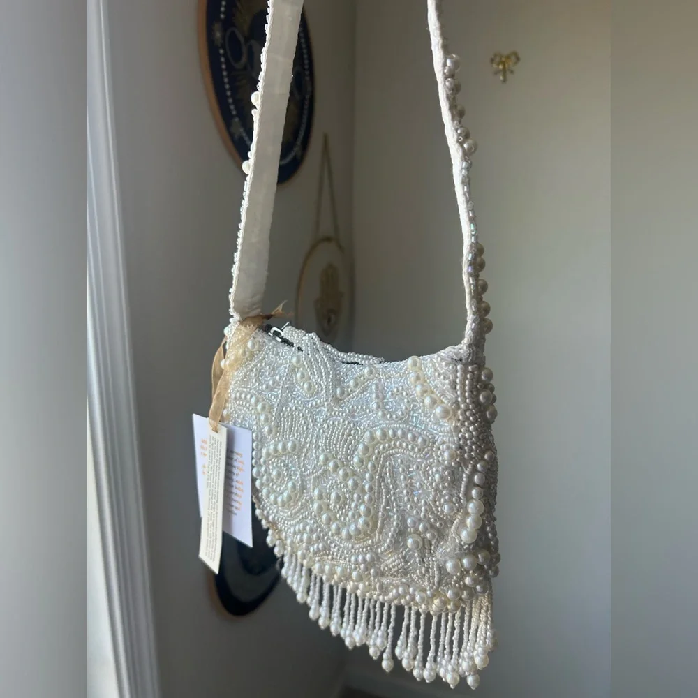 beaded pearl white crossbody bag